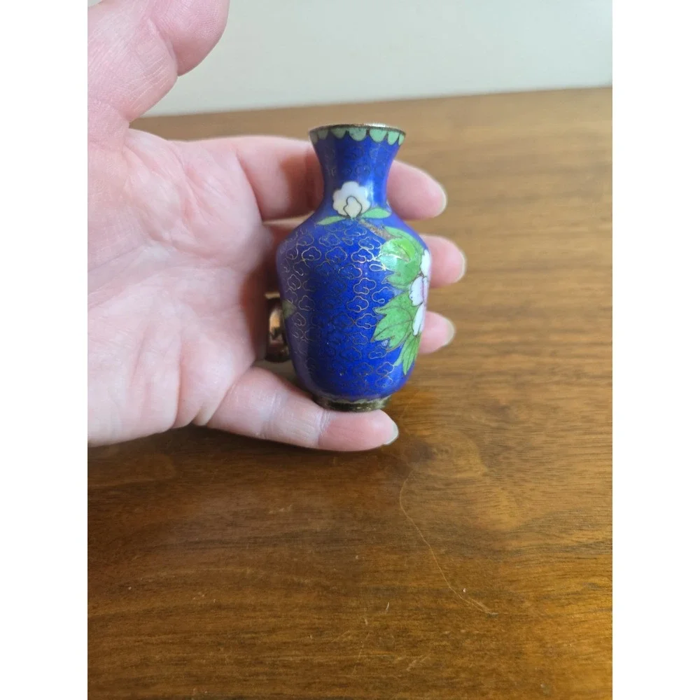 Vintage Cloisonne Mini Vase Asian Blue Floral Pink Metal Dollhouse Miniature 3